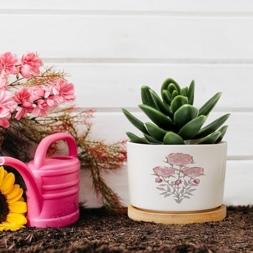 Mughal Flower Planters Ceramic Pink Flower Round Flower Pots with Drainage Holes and Bamboo Tray Pot for Succulents Cactus Garden Windowsill - Image 5