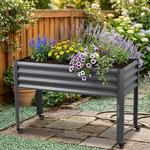 Rolling Raised Garden Bed 2'x 4' with Legs & Storage Shelf, 700 lb Capacity Elevated Planter Box for Vegetables, Flowers & Herbs, for Patio & Porch - Modern Gray - Image 7
