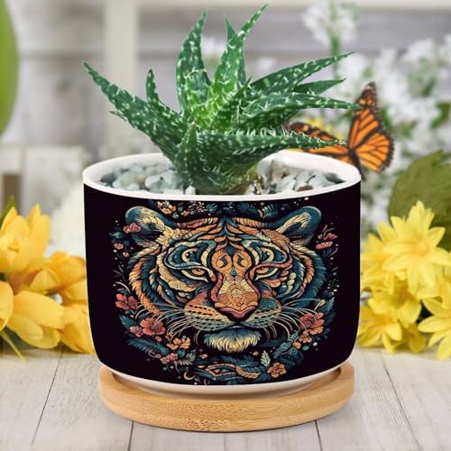Chinoiserie Tiger Ceramic Planter Green and Turquoise Tiger Stripe Pots for Plants with Drainage Holes and Saucers Pot for Outdoor Garden Home Plant - Image 6