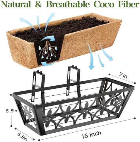 16 Inch Window Boxes Planters Railing Planter Box - 2 Pack Deck Railing Planter Boxes with Adjustable Brackets Coco Liners Balcony Planters Railing Hanging for Window Flower Boxes Outdoor Garden Decor - Image 2