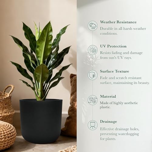 11"H Black Plastic Planter with Drainage Hole & Plug for Indoor Outdoor Use - Image 4