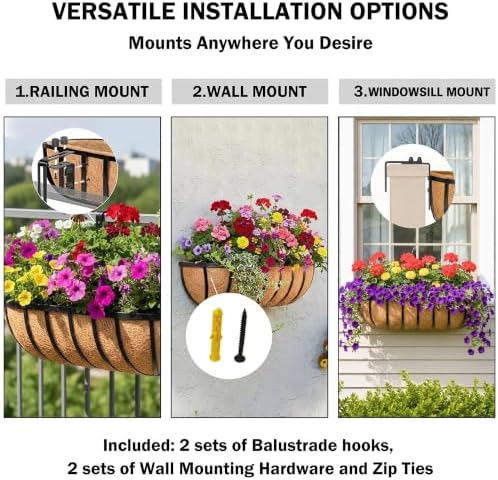 16“ Window Box Railing Planter with Coco Liner Metal Wall-Mounted Coconut Liner Planter Basket English Horse Trough Planters for Outdoor Deck Balcony Porch Fence Patio Black (2 Pack) - Image 3
