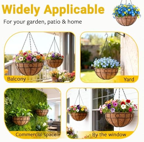 ZeeDix 2 Pack 14 Inch Metal Outdoor Plant Hanging Baskets, Round Wire Planter Basket with Coco Coir Liner, Large Hanging Flower Pots for Outdoor Garden Yard Patio Porch Balcony Decor - Image 6