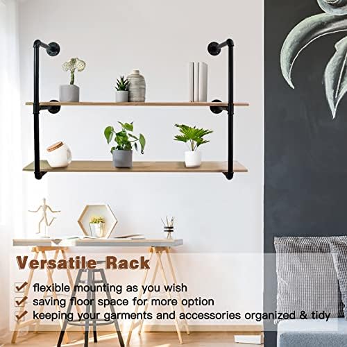 Clothes Hanger Pole Wall Mount, 72" Heavy Duty Detachable Black Iron Garment Bar Hanging Rod Holder, Clothes Rail Shelf Wardrobe Organizer for Laundry Room & Closet Storage, 3 Base - Image 2