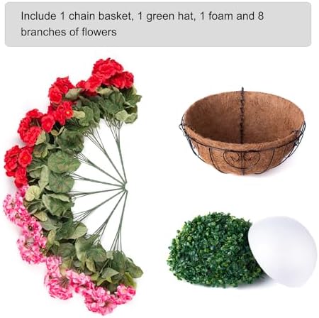 INSPRING Geraniums Artificial Flowers Hanging Basket for Outdoors Outside Decoration, 8 Bundles Silk Flowers Fake Plants Look Real UV Resistant for Porch Home Patio Balcony Yard, Red Pink - Image 6