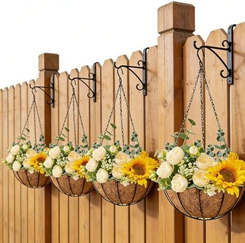 hehimhis 4 Pack 14 Inch Hanging Planters for Outdoor Plants,Black Metal Hanging Baskets Hanging Pots for Porch, Fence Flower Baskets with Coco Liners - Image 3