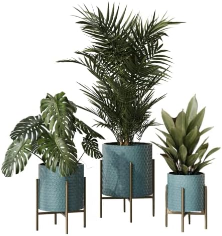 EverNest Mid-Century Modern Rhys Honeycomb Embossed Planter Pot with Loki Gold Stand, Metal Indoor Plant Pots, Blue Green Bohemian Style (Set of 3) by EverNest