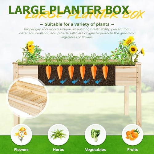 4 FT Outdoor Wooden Raised Garden Bed, Elevated Large Planter Box with Legs for Vegetable/Flower, Standing Growing Bed for Gardening/Backyard/Patio/Balcony, Natural - Image 4