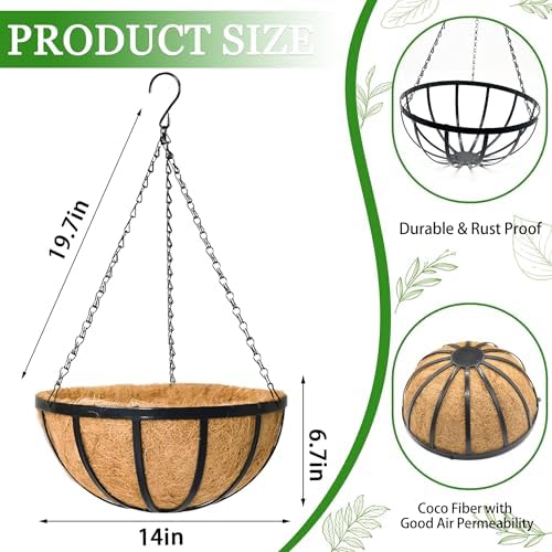 Hanging Planters for Outdoor Plants 4 Pack 14 inch Metal Hanging Flower Basket with Coco Coir Liner Wire Plant Holder Watering Flower Baskets Pot Hanger Garden Decoration for Indoor Outdoor(DQL) - Image 6