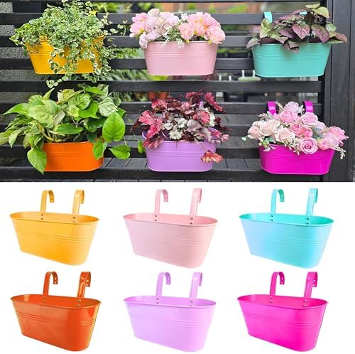 LaLaGreen Balcony Rail Planter (11.2 in, 6 Pack) Rainbow Metal Flower Pots by L%C3%A1L%C3%A1Green