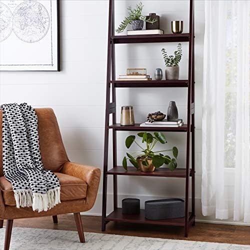 Amazon Basics 5-Tier Ladder Bookshelf Storage Organizer, Solid Rubberwood Frame, Space-Saving Bookcase, Sturdy Shelves, Walnut Finish, 14" D x 24.8" W x 70.1" H - Image 2