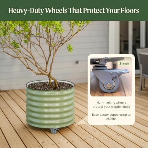 Rolling Metal Citrus Tree Planter Pot, 21″ Round Planter Box for Porch Patio & Backyard, 20 Gallon Large Planter Pot with Wheels for Growing Olive Trees Tomatoes Vegetables Flowers, 2 Pack Modern Gray - Image 6