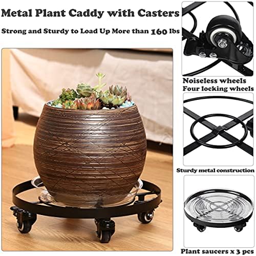 3 Packs Metal Plant Caddy 10.6 Inches Plant Dolly Coasters with Wheels Heavy Duty Rolling Plant Stand with Casters for Indoor Outdoor Flower Pot Mover Rollers Black, Plastic Saucers Included - Image 2