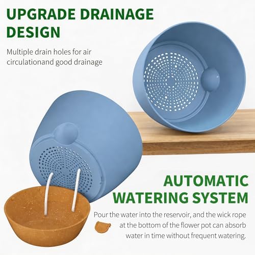 12/10/9/8/6 Inch Self Watering Pots for Indoor Outdoor Plants, Set of 5 Large Plastic Planters with Visual Water Window, Drainage Holes & Watering Lip, Modern Decorative Flower Pots (Blue) - Image 4