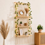 Boho Macrame Wall Plant Hanger Shelf, 3-Tier Hanging Display Shelves with LED String Lights, Wooden Floating Organizer Natural Cotton Rope for Indoor Plants Living Room Bedroom Balcony by Yiyiring