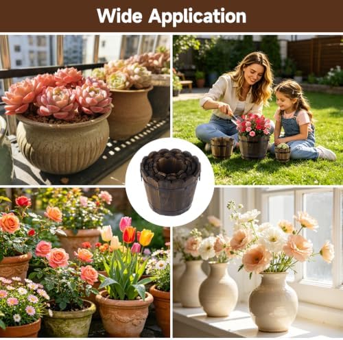 4 PCS Wooden Whiskey Barrel Planters, Wavy Edge Rustic Bucket Flower Pots with Metal Handles, Round Garden Accessory for Succulents Flowers Veggies, Outdoor Indoor Home Porch Yard Container - Image 6