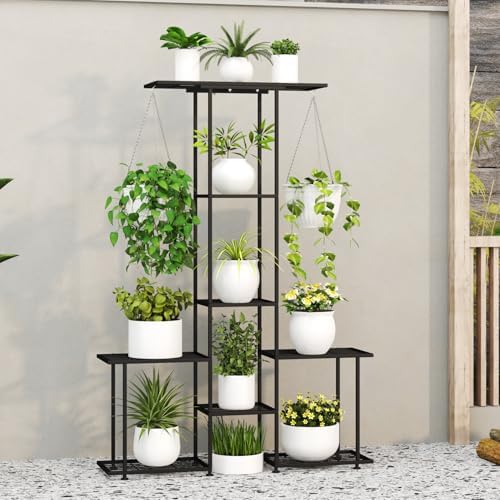 Plant Stand Indoor Outdoor, Metal 6 Tier Tall Hanging Plant Shelf for Multiple Flower Planter Large Heavy Duty Ladder Plant Holder for Garden, Black (y-201) - Image 2