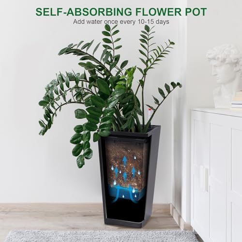 Patikuin 22.4" Tall Self-Watering Planters Set of 2, Black Modern Plant Pots with Water Level Monitor & Drainage Holes, Weather-Resistant Plastic for Indoor Outdoor Patio Porch Entryway - Image 6