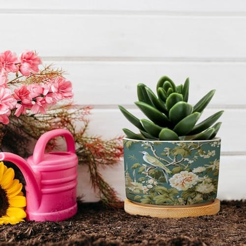 Garden Planter Ceramic Green Chinoiserie Floral Bird Round Flower Pot with Drainage Holes and Bamboo Tray Pot for Home Office Decoration - Image 5