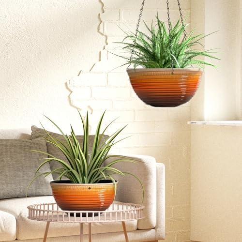 2 Pack 10 Inch Glazed Hanging Planters for Indoor Outdoor Plants, Orange - Image 5