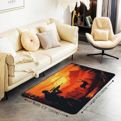 Erosebridal Hunter Shotgun Deer Area Rug 4'11" x 3'3" Hunting Woodland Sunset Living Room Rugs Bird Nature Plants Decorative Carpet Elk Red Orange Indoor Floor Mat - Image 2