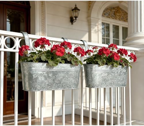 4 Pack 17" Galvanized Hanging Railing Planters with Hooks and Drainage - Image 7