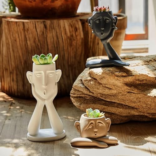 GUTE Human Face Shaped Succulent & Flower Planter Pots - Set of 3- Figurines for Garden - Indoor Outdoor Decorative Garden Figurines, Drainage Holes for Plants Artistic - White, Khaki, Grey - Image 6