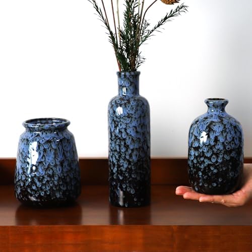 Ceramic Vase Set of 3, Small Rustic Flower Vases for Home Decor, Navy Blue - Image 4