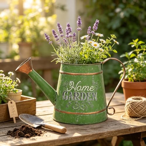 Rustic Green Metal Watering Can Flower Pot, Vintage Distressed Garden Decor Flower Bucket Planter for Herbs Succulents Flowers, Decorative Plant Pot for Outdoor Indoor Patio Yard Home Decor - Image 3
