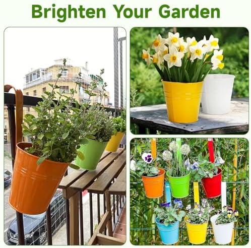 KINGLAKE Flower Pots,10 Pcs Metal Iron Hanging Flower Plant Pot Balcony Garden Plant Planter Baskets Fence Bucket Pots 6.3'' Flower Holders with Detachable Hook - Image 6