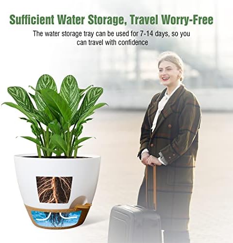 WOUSIWER 10 inch Self Watering Planters, 2 Pack Large Plastic Plant Pots with Deep Reservior and High Drainage Holes for Indoor Outdoor Plants and Flowers, White with Terracotta - Image 2