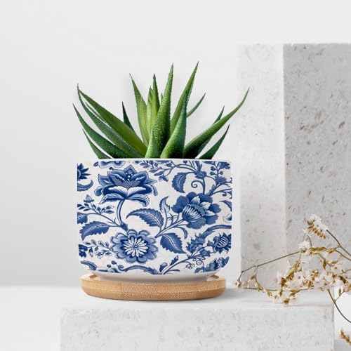Blue and Indigo Floral Ceramic Planter Chinoiserie Chic Flower Pots for Plants with Drainage Holes and Saucers Pot for Succulents Cactus Garden Windowsill - Image 7