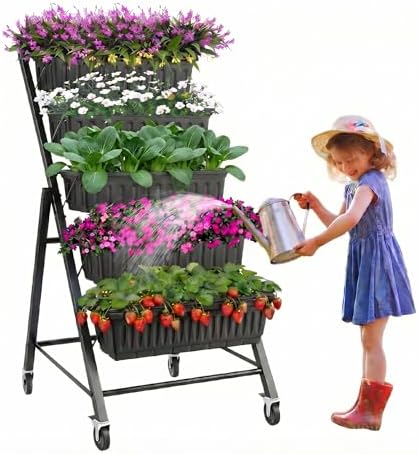 TEANDE Vertical Raised Garden Bed with Lockable Wheels, 5-Tier Elevated Planter Box w/Drainage System & 4 Hooks for Herbs Vegetables Flowers, Vertical Garden Planter for Patio Yard Indoor Outdoor by TEANDE