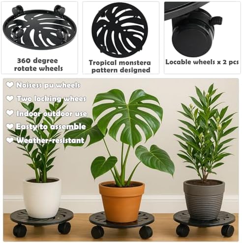 3-pack 13.5 Inches Round Metal Plant Caddy with Wheels Heavy Duty Large Rolling Plant Stand Indoor Outdoor Wheeled Planter Dolly Cart with Lockable Casters Flower Pot Mover Roller Trolley, Black - Image 3