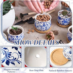 12 Pcs 3" Ceramic Chinoiserie Succulent Plant Pot Blue and White Porcelain Planter with Bamboo Tray Drainage Hole Mini Chinese Flower Jardiniere for Cactus Herbs Home Office Indoor Decor - Image 3