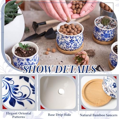 12 Pcs 3" Ceramic Chinoiserie Succulent Plant Pot Blue and White Porcelain Planter with Bamboo Tray Drainage Hole Mini Chinese Flower Jardiniere for Cactus Herbs Home Office Indoor Decor - Image 3