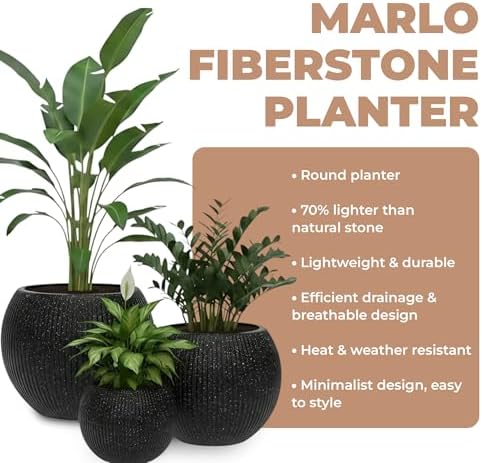 Marlo Fiberstone Round Planter, Ribbed Finishes (L, Black) - Image 5