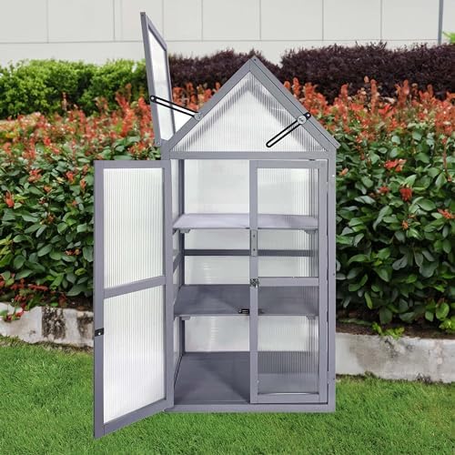Mini Greenhouse, Small Green House, Outdoor Plant Stand, 3-Tier Wood Cold Frame with Adjustable Shelves, Portable Plant Stand Cabinet for Indoors Garden & Patio, UV-Resistant (Gray-2) by RIDFY