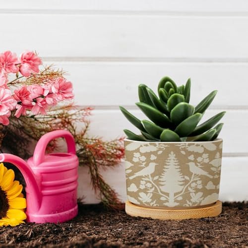 Chenonceau Birds and Botanicals Marine Planter Ceramic Chinoiserie White Bird Floral Round Plant Pot with Drainage Holes and Bamboo Tray Pot for Indoor Outdoor Garden - Image 5