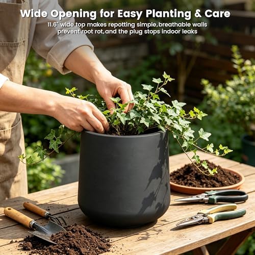 Kante Accent Round Curved Black Concrete Planter 13" Dia, Outdoor - Image 7