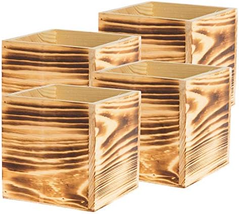 Wooden Planter Box, Rustic Burned Wood/Whitewash with Plastic Liner l Garden Decor l Restaurant and Wedding Decorations l Wood Box (5x5 Set of 4, Burned Wood) by Unknown
