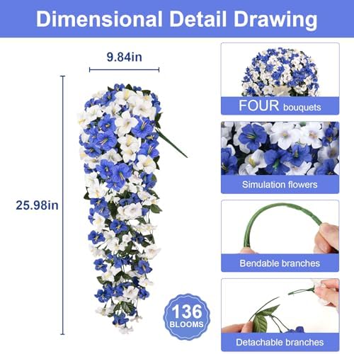 Artificial Hanging Flowers for Outdoors, 4 PCS 544 Blooms UV Resistant Morning Glory Faux Silk Vines, No-Odor Realistic Fake Plants for Garden Planter Porch Patio Decoration, White Blue - Image 4