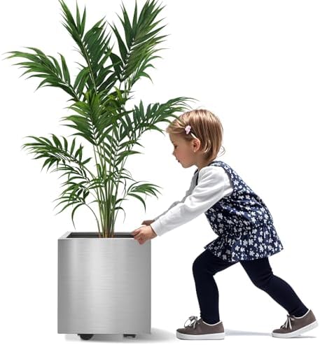 11.81" Square Planter,Plant Pots with Wheels, Large Stainless Steel Flower Pots with Caddy for Home Patio & Garden, Heavy-Duty, Weather-Resistant, Easy-Move, Indoor & Outdoor Use by LONGRUNHOME