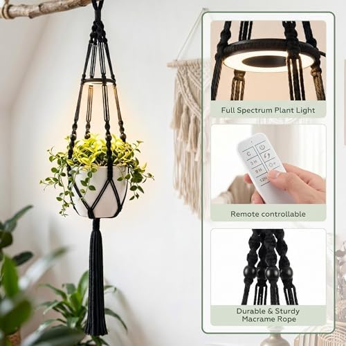 Huquary 3 Pack Macrame Hanging Plant Hanger with Grow Light,Black - Image 2