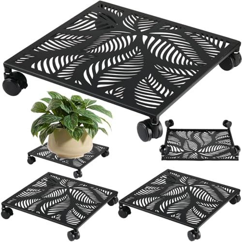 3-pack 12 Inches Square Metal Plant Caddy with Wheels Heavy Duty Large Rolling Plant Stand Indoor Outdoor Wheeled Planter Dolly Cart with Lockable Casters Flower Pot Mover Roller Base Trolley, Black by Unknown
