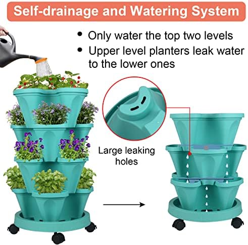 GameXcel Vertical Planter Tower - 4 Tier Stackable Garden Planters with Wheels and Tools Plant Pots for Strawberry Herb Flower and Vegetable Indoor Outdoor Use Teal 2 Pack - Image 4