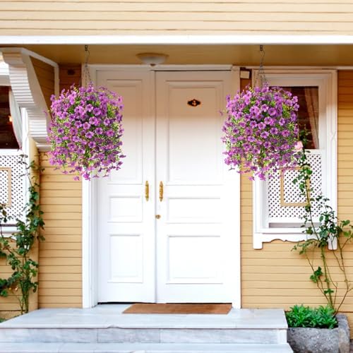 Homsunny Artificial Fake Hanging Plants Flowers Baskets for Outdoor Outside Spring Decor,Faux Silk Daisy UV Resistant Look Real Summer Decorations for Home Porch Patio Yard Garden(Purple - Image 3