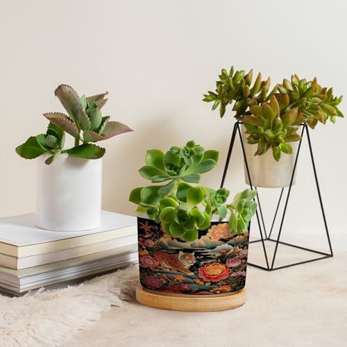 Animal Tiger Stripe Chinoiserie Planters Ceramic Orange and Coral Peony Flower Round Flower Pot with Drainage Holes and Bamboo Tray Pot for Home Office Desk Garden - Image 4