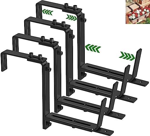HFHOME 4PCS Adjustable Planter Window Box Planters Hanging Flower Box Holders Brackets, Heavy Duty Wall Mount Holder for Windowsills, Garden, Fences, and Balcony - Black by HFHOME