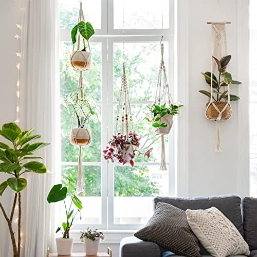 Mkono Macrame Plant Hangers Set of 4 and Fake Hanging Plant with Pot Set of 2 - Image 2